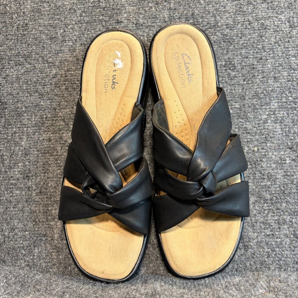 Clarks Collection Black Leather Woven Criss Cross Slide Sandals Womens Size 10